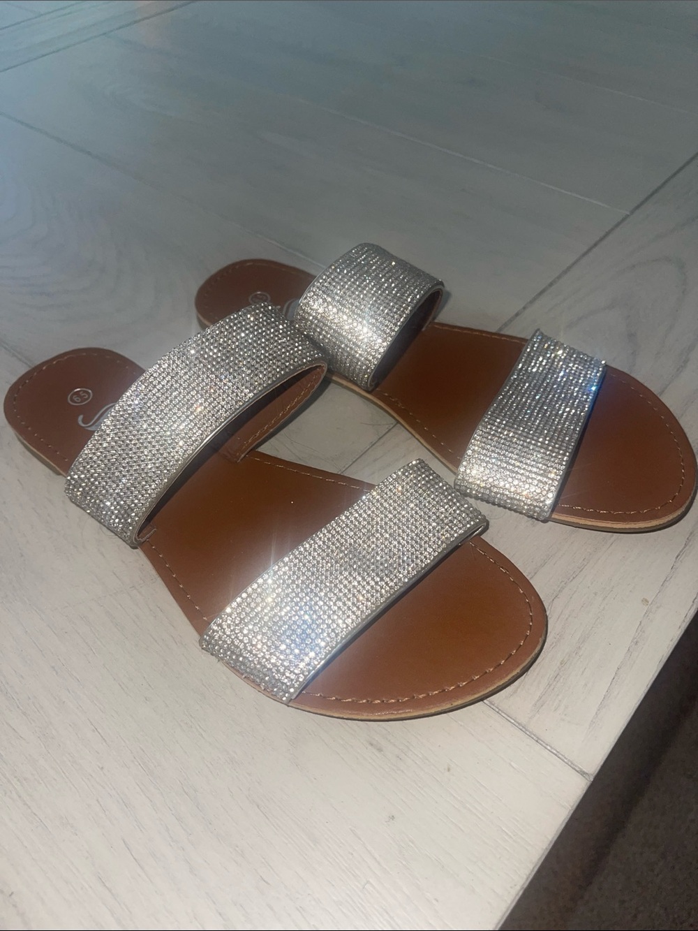 SHEIN Silver Rhinestone Double-Strap Slide Sandals